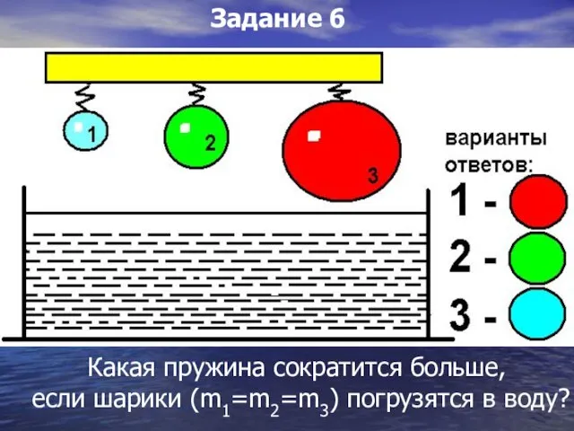 Какая пружина сократится больше, если шарики (m1=m2=m3) погрузятся в воду? Задание 6