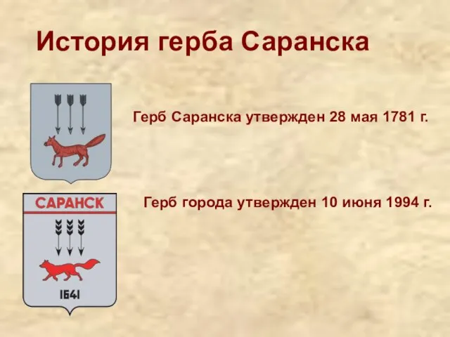 История герба Саранска Герб Саранска утвержден 28 мая 1781 г. Герб города