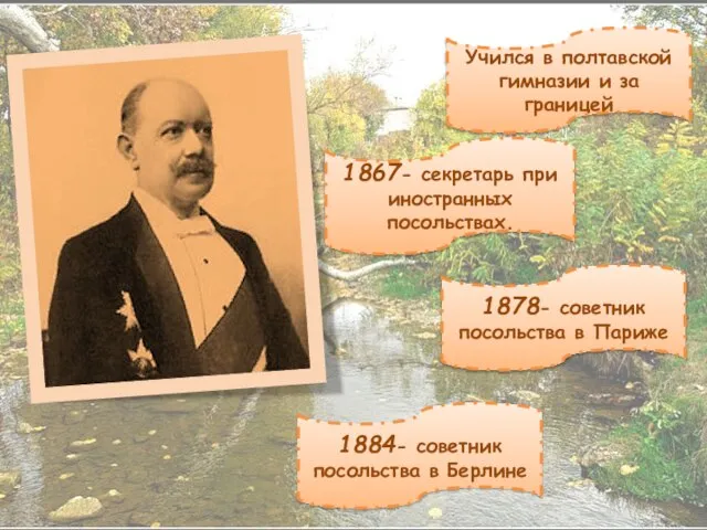 Учился в полтавской гимназии и за границей 1867- секретарь при иностранных посольствах.