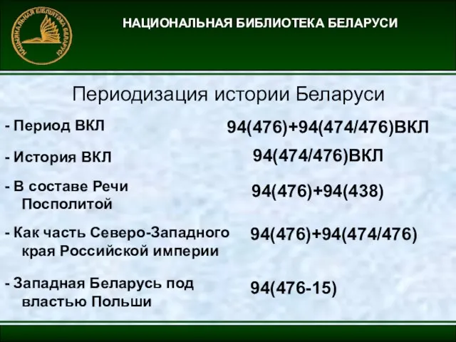 НАЦИОНАЛЬНАЯ БИБЛИОТЕКА БЕЛАРУСИ Периодизация истории Беларуси - Период ВКЛ 94(476)+94(474/476)ВКЛ - История