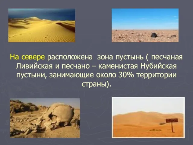 На севере расположена зона пустынь ( песчаная Ливийская и песчано – каменистая