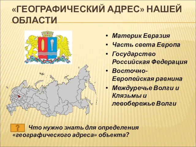 «ГЕОГРАФИЧЕСКИЙ АДРЕС» НАШЕЙ ОБЛАСТИ Материк Евразия Часть света Европа Государство Российская Федерация