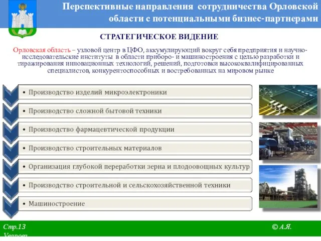 Перспективные направления сотрудничества Орловской области с потенциальными бизнес-партнерами Орловская область – узловой