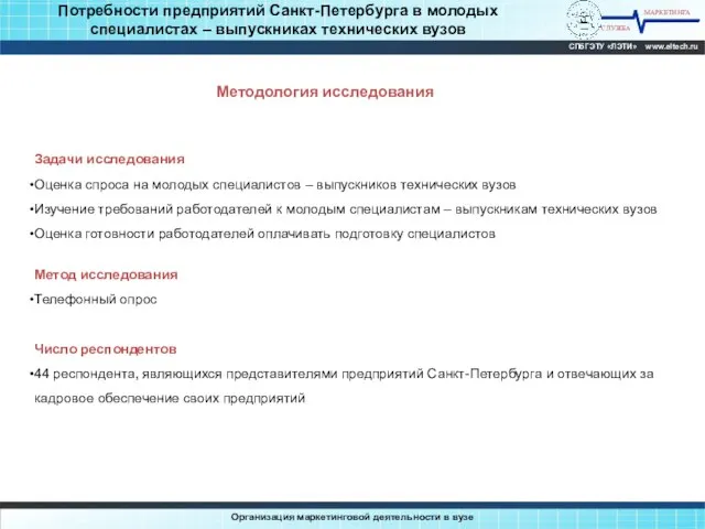 Потребности предприятий Санкт-Петербурга в молодых специалистах – выпускниках технических вузов МАРКЕТИНГА СЛУЖБА