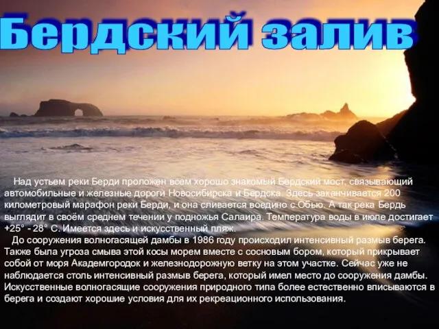 Над устьем реки Берди проложен всем хорошо знакомый Бердский мост, связывающий автомобильные