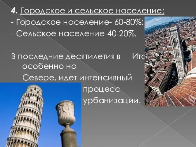 4. Городское и сельское население: - Городское население- 60-80%; - Сельское население-40-20%.