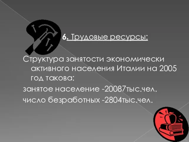 6. Трудовые ресурсы: Структура занятости экономически активного населения Италии на 2005 год