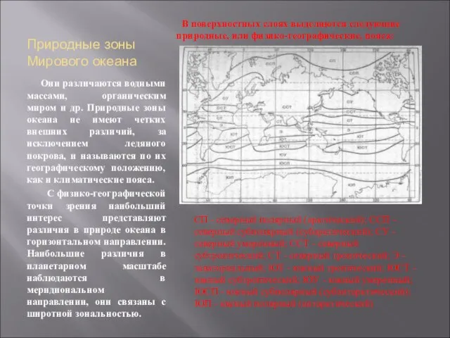 Природные зоны Мирового океана Они различаются водными массами, органическим миром и др.