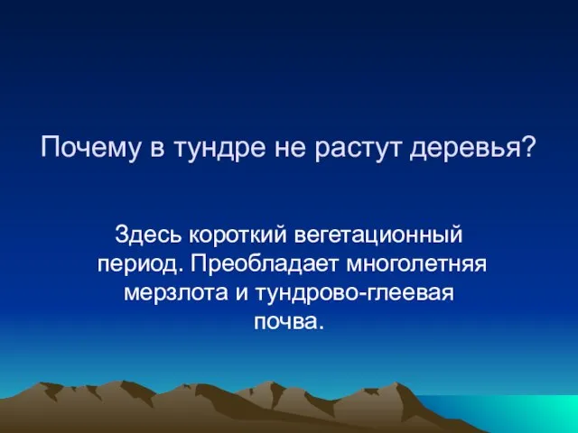 Почему в тундре не растут деревья? Здесь короткий вегетационный период. Преобладает многолетняя мерзлота и тундрово-глеевая почва.