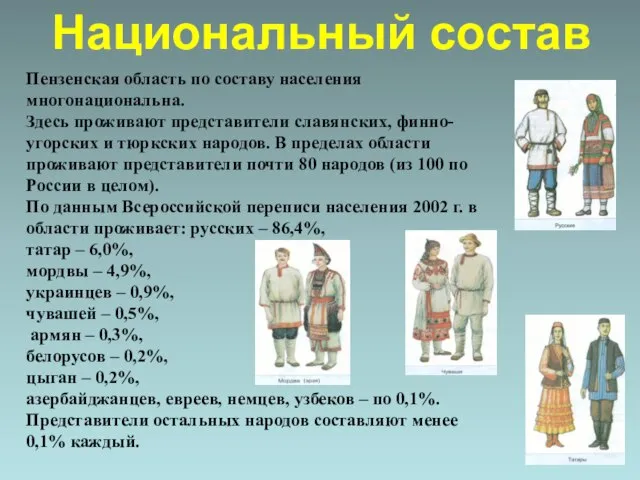 Пензенская область по составу населения многонациональна. Здесь проживают представители славянских, финно-угорских и