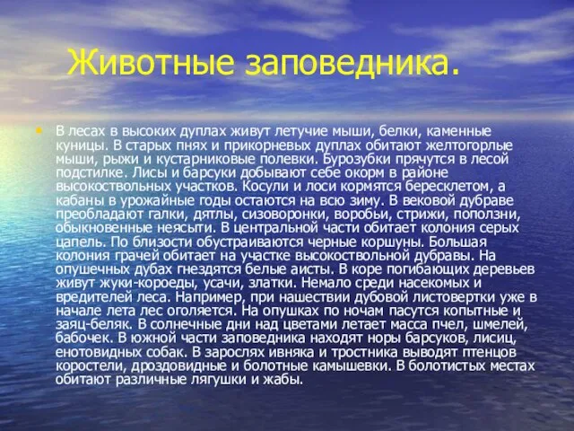 Животные заповедника. В лесах в высоких дуплах живут летучие мыши, белки, каменные