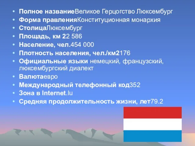 Полное названиеВеликое Герцогство Люксембург Форма правленияКонституционная монархия СтолицаЛюксембург Площадь, км 22 586