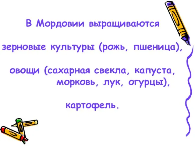 В Мордовии выращиваются зерновые культуры (рожь, пшеница), овощи (сахарная свекла, капуста, морковь, лук, огурцы), картофель.