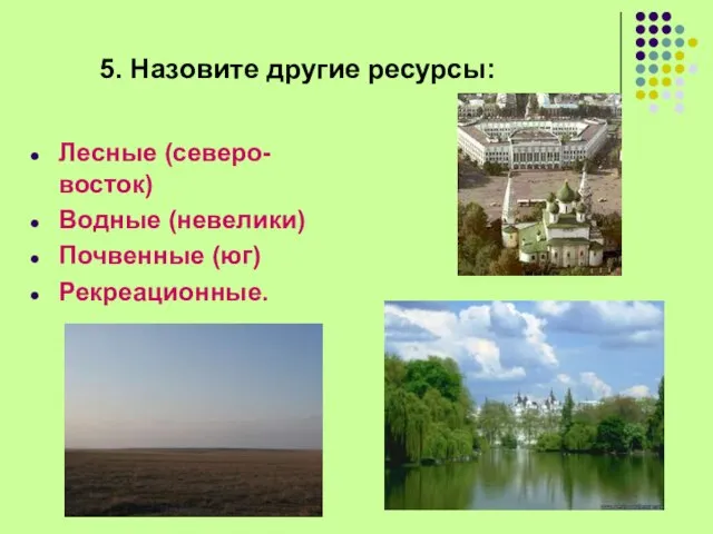 5. Назовите другие ресурсы: Лесные (северо-восток) Водные (невелики) Почвенные (юг) Рекреационные.