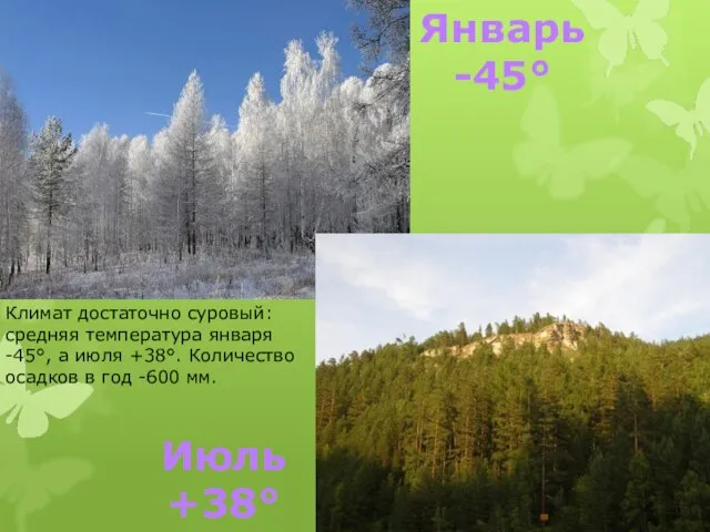 Январь -45° Июль +38° Климат достаточно суровый: средняя температура января -45°, а