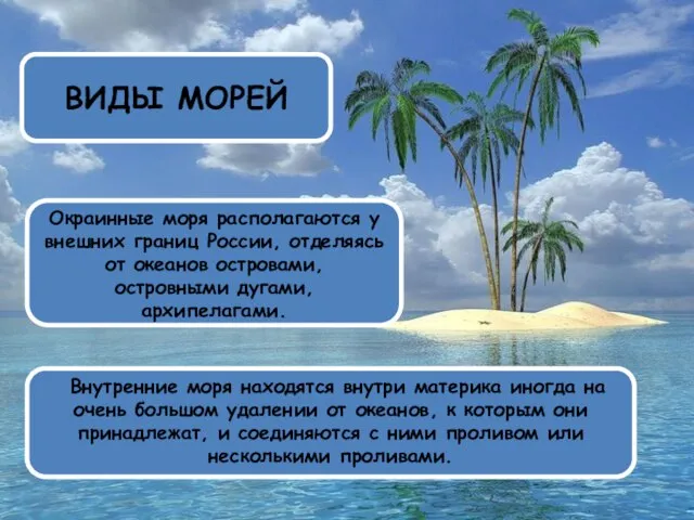 ВИДЫ МОРЕЙ Окраинные моря располагаются у внешних границ России, отделяясь от океанов