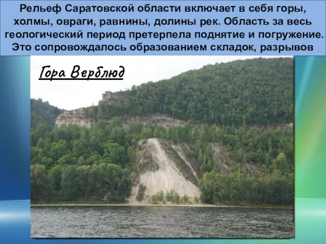 Рельеф Саратовской области включает в себя горы, холмы, овраги, равнины, долины рек.