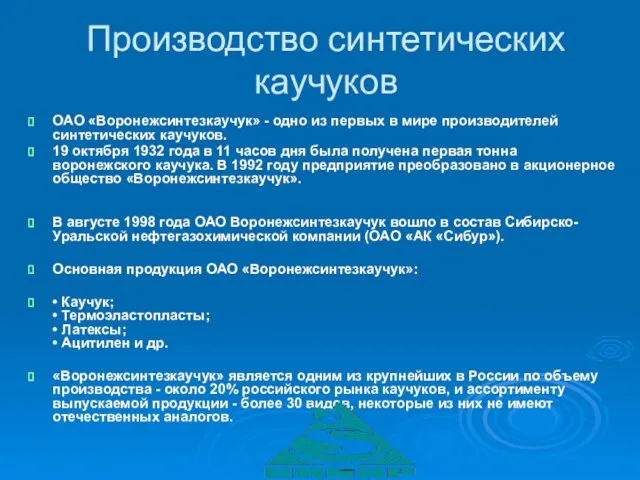 Производство синтетических каучуков ОАО «Воронежсинтезкаучук» - одно из первых в мире производителей