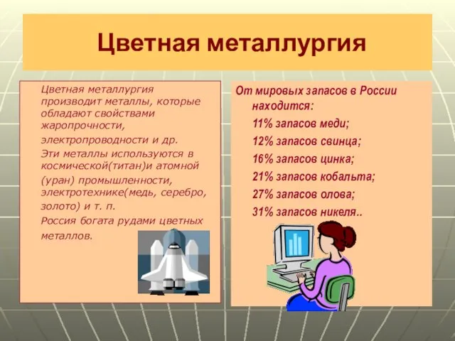 Цветная металлургия Цветная металлургия производит металлы, которые обладают свойствами жаропрочности, электропроводности и