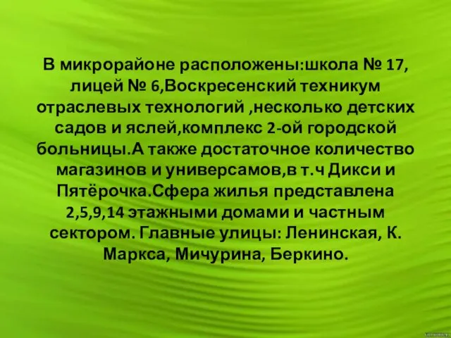 В микрорайоне расположены:школа № 17,лицей № 6,Воскресенский техникум отраслевых технологий ,несколько детских