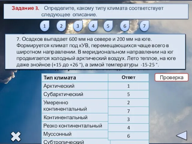 Задание 3. Определите, какому типу климата соответствует следующее описание. 1 2 3