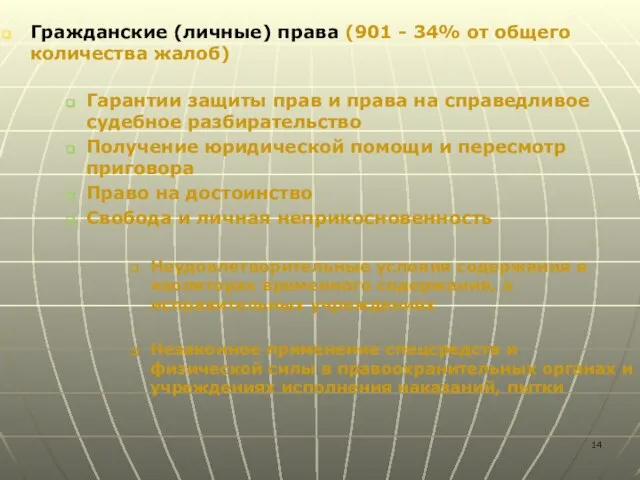 Гражданские (личные) права (901 - 34% от общего количества жалоб) Гарантии защиты