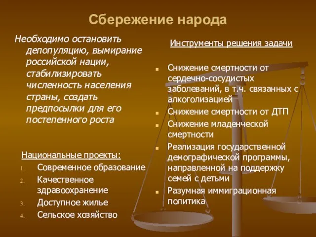 Сбережение народа Необходимо остановить депопуляцию, вымирание российской нации, стабилизировать численность населения страны,