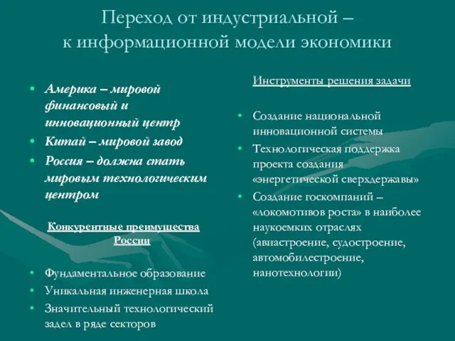 Переход от индустриальной – к информационной модели экономики Америка – мировой финансовый