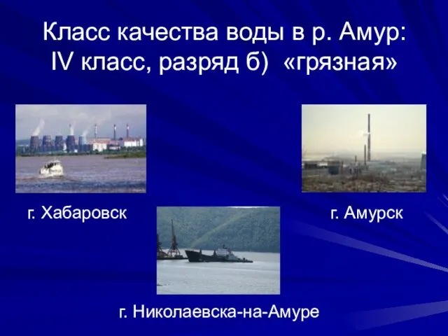 Класс качества воды в р. Амур: IV класс, разряд б) «грязная» г.