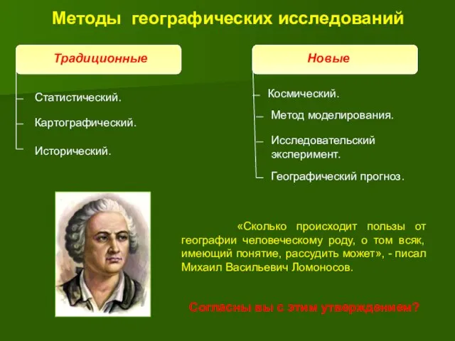 Методы географических исследований Традиционные Новые Статистический. Картографический. Исторический. Космический. Метод моделирования. Исследовательский