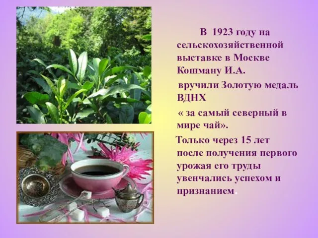 В 1923 году на сельскохозяйственной выставке в Москве Кошману И.А. вручили Золотую