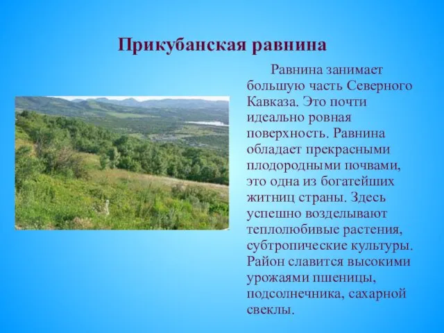 Прикубанская равнина Равнина занимает большую часть Северного Кавказа. Это почти идеально ровная