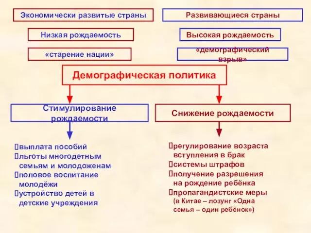 Экономически развитые страны Развивающиеся страны Высокая рождаемость Низкая рождаемость «старение нации» «демографический