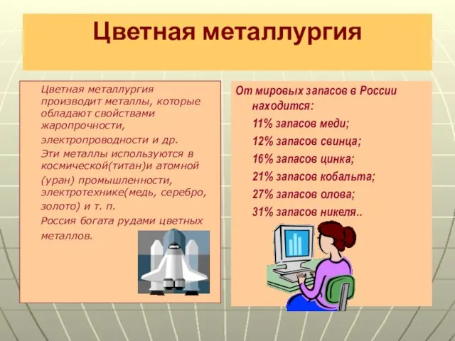 Цветная металлургия Цветная металлургия производит металлы, которые обладают свойствами жаропрочности, электропроводности и