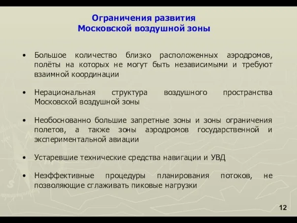 Ограничения развития Московской воздушной зоны Большое количество близко расположенных аэродромов, полёты на