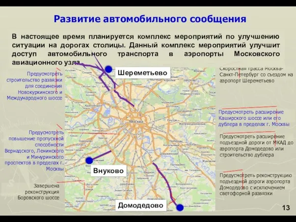 Развитие автомобильного сообщения Предусмотреть расширение подъездной дороги от МКАД до аэропорта Домодедово