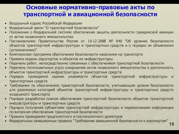 Основные нормативно-правовые акты по транспортной и авиационной безопасности Воздушный кодекс Российской Федерации