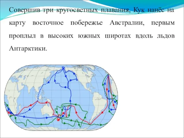 Совершив три кругосветных плавания, Кук нанёс на карту восточное побережье Австралии, первым