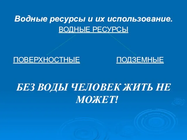 Водные ресурсы и их использование. ВОДНЫЕ РЕСУРСЫ ПОВЕРХНОСТНЫЕ ПОДЗЕМНЫЕ БЕЗ ВОДЫ ЧЕЛОВЕК ЖИТЬ НЕ МОЖЕТ!