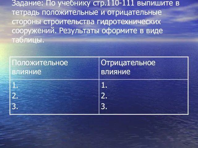 Задание: По учебнику стр.110-111 выпишите в тетрадь положительные и отрицательные стороны строительства