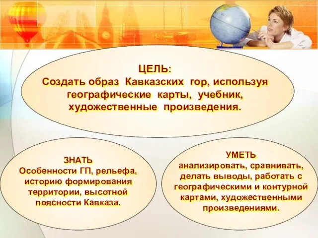 ЦЕЛЬ: Создать образ Кавказских гор, используя географические карты, учебник, художественные произведения. ЗНАТЬ