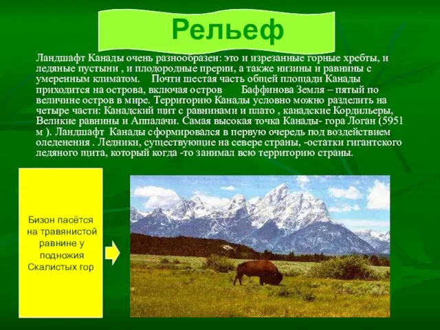 Рельеф Ландшафт Канады очень разнообразен: это и изрезанные горные хребты, и ледяные