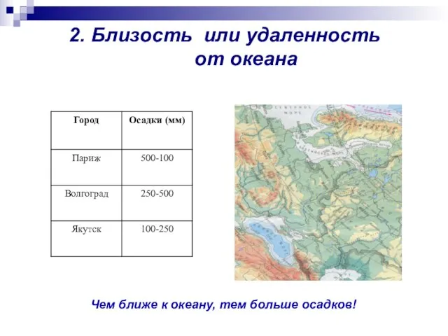 2. Близость или удаленность от океана Чем ближе к океану, тем больше осадков!