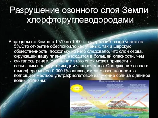 Разрушение озонного слоя Земли хлорфторуглеводородами В среднем по Земле с 1979 по