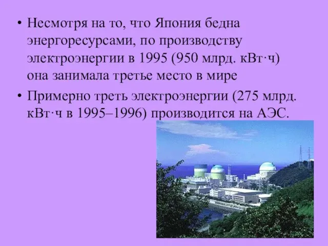 Несмотря на то, что Япония бедна энергоресурсами, по производству электроэнергии в 1995