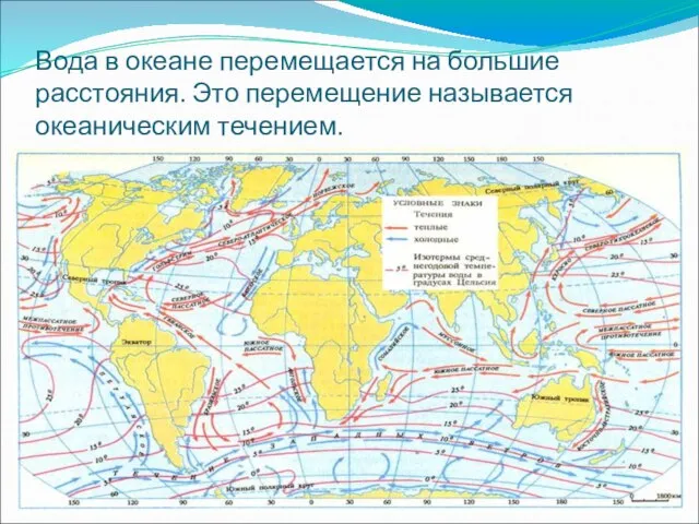 Вода в океане перемещается на большие расстояния. Это перемещение называется океаническим течением.