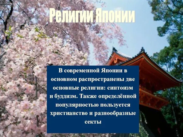 В современной Японии в основном распространены две основные религии: синтоизм и буддизм.