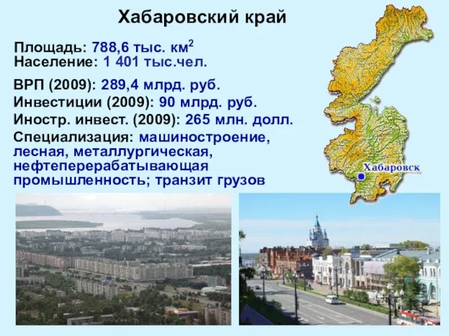 Площадь: 788,6 тыс. км2 Население: 1 401 тыс.чел. ВРП (2009): 289,4 млрд.