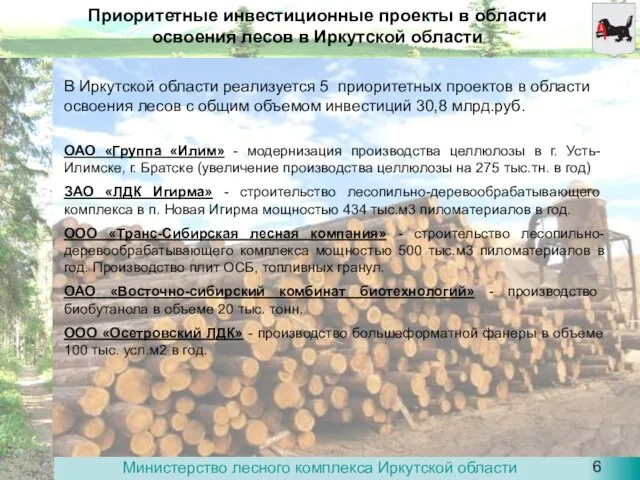 Приоритетные инвестиционные проекты в области освоения лесов в Иркутской области ОАО «Группа