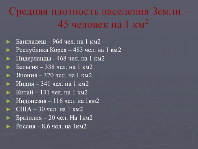 Средняя плотность населения Земли – 45 человек на 1 км2 Бангладеш –